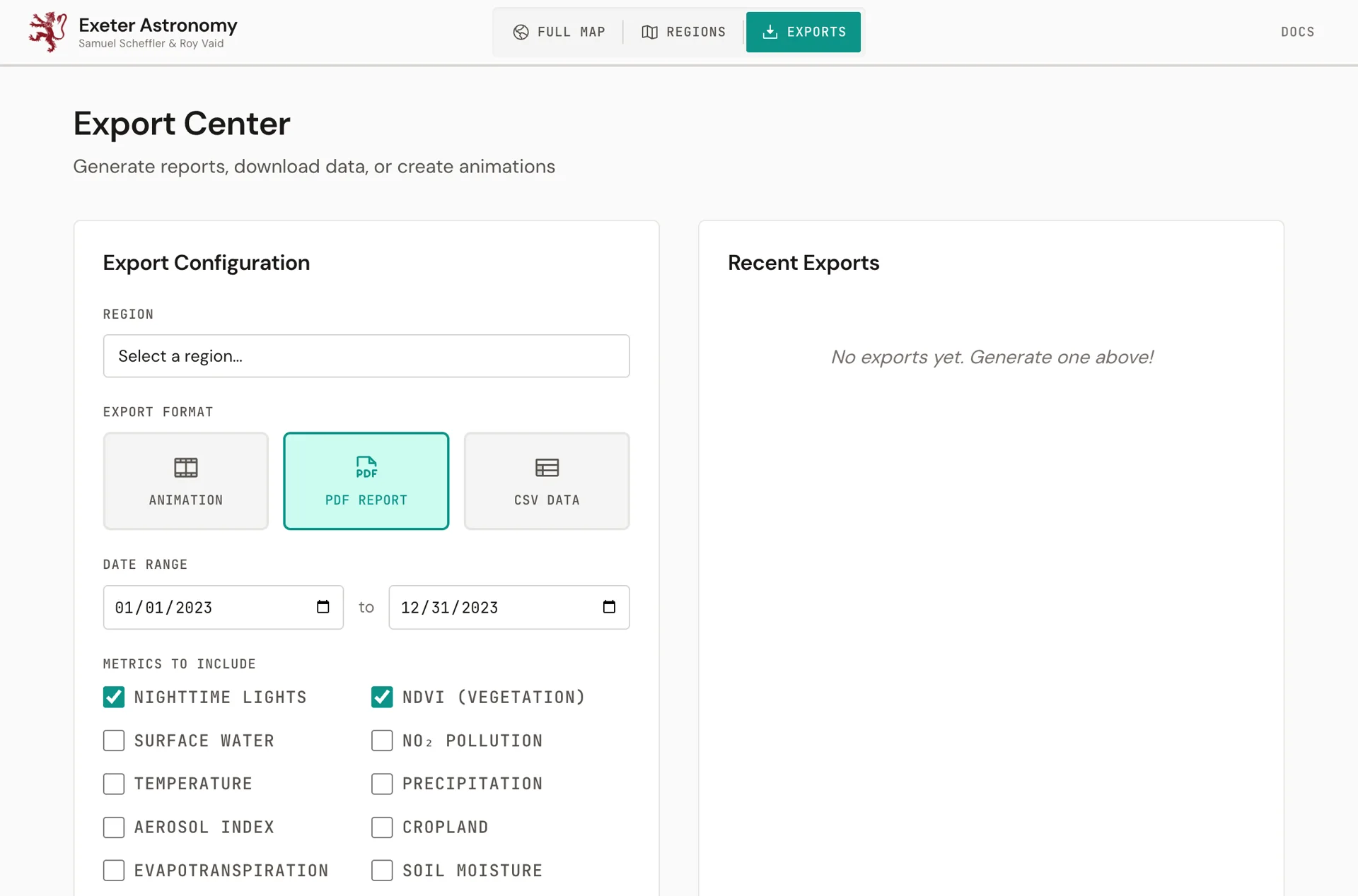 Live geotiles.tech export center for reports, data, and animations