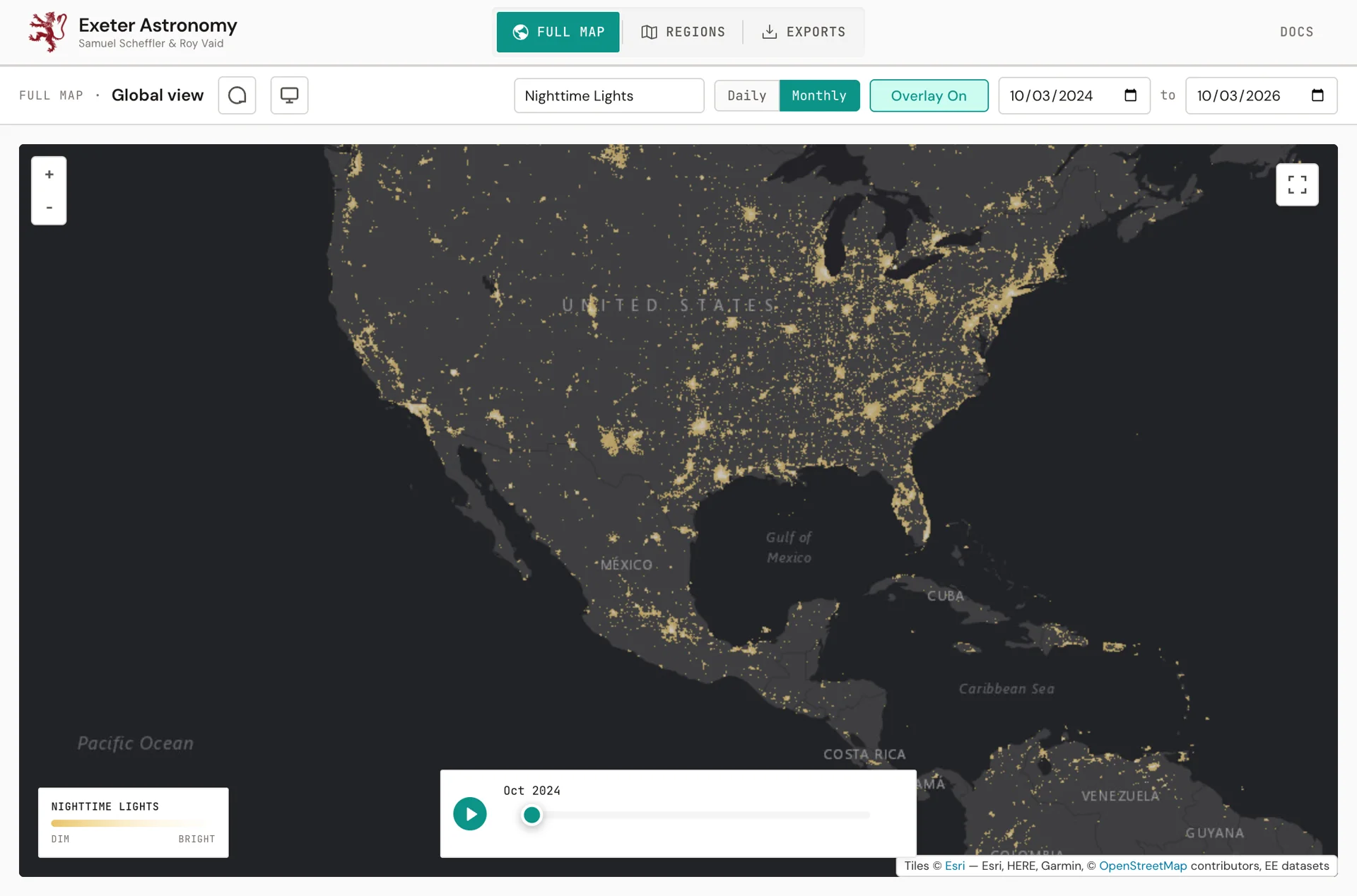Live geotiles.tech map displaying monthly nighttime lights across North America