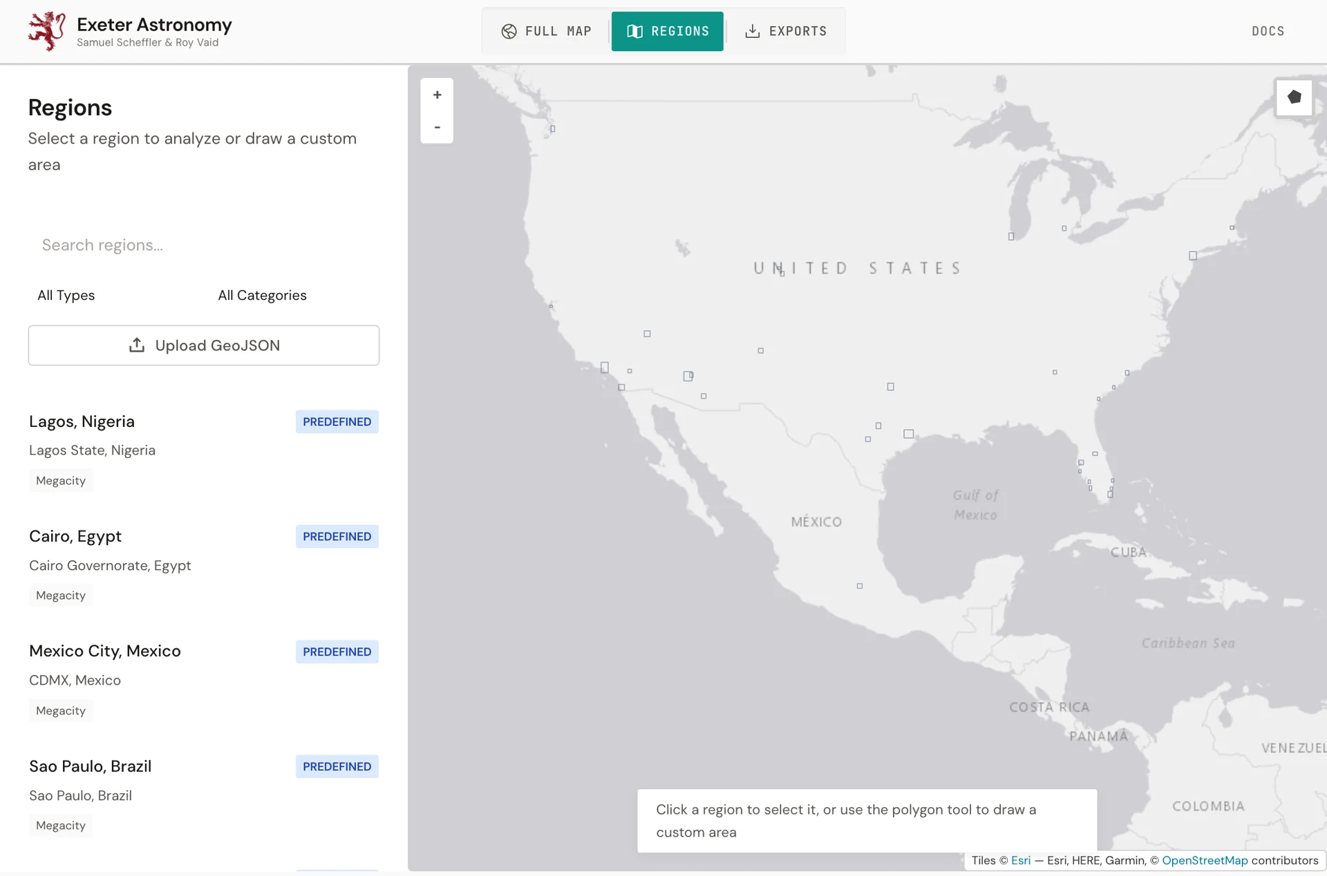 Live geotiles.tech region selection interface with predefined and custom analysis areas