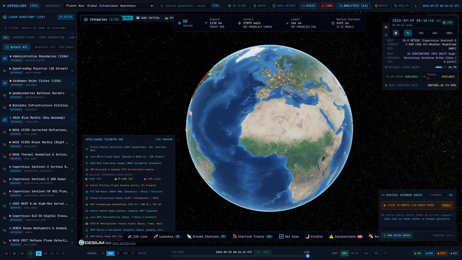 OpenGlobe global intelligence workspace showing live planetary data