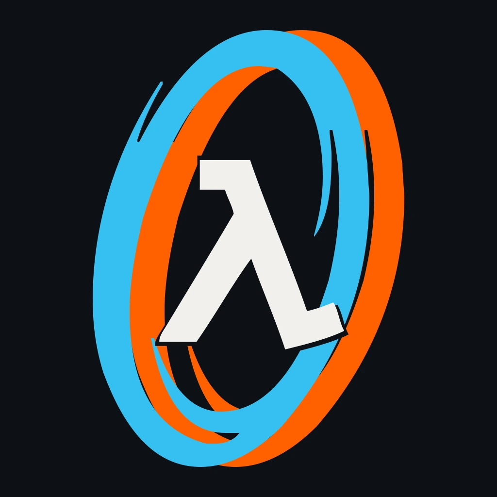 SourceVR logo: the Half-Life lambda inside blue and orange orbital rings