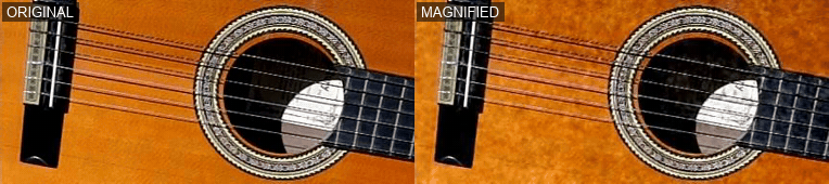 Motion magnification revealing movement in a guitar