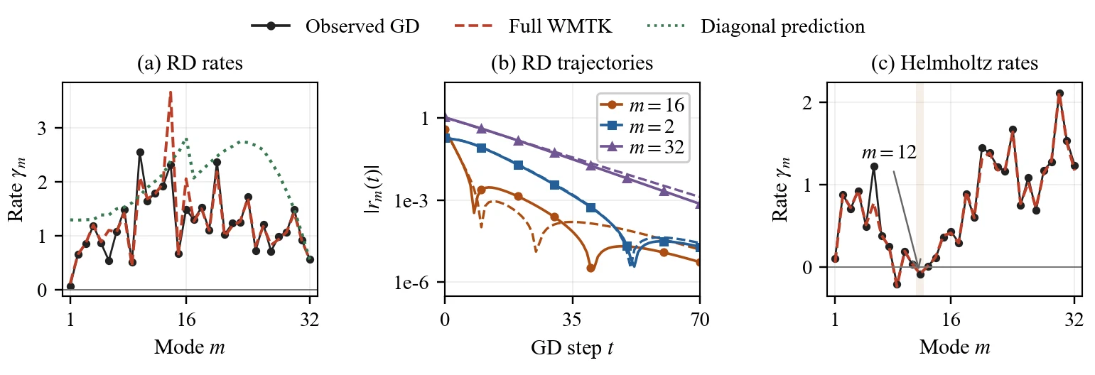 Observed gradient descent compared with weight-space modal tangent kernel predictions
